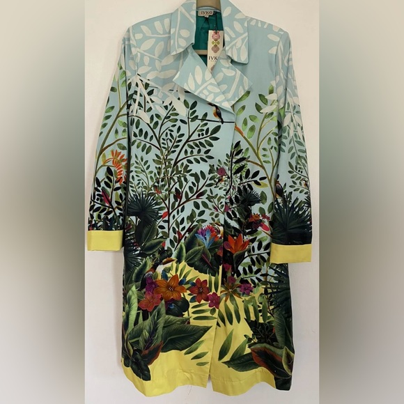 Ivko Coat Trench-Coat Tropical Pattern Belt Blue Yellow - Picture 2 of 6